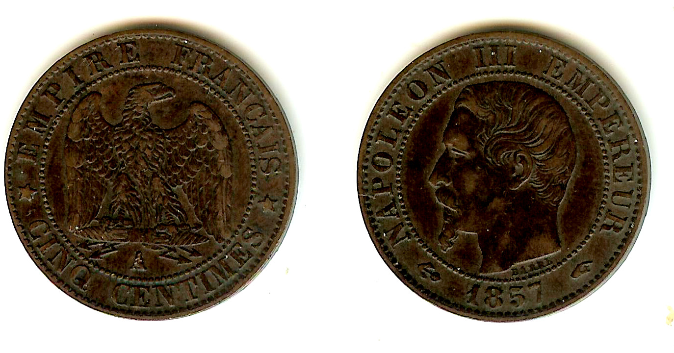 Cinq centimes Napoléon III, tête nue 1857 Paris TTB+